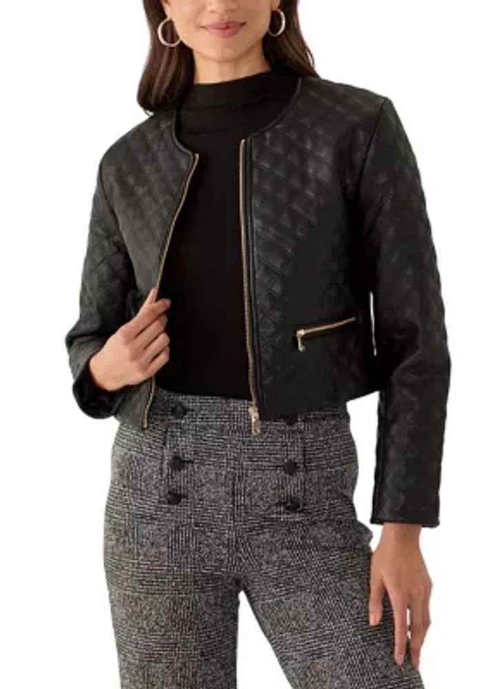 Women's Quilted Faux Leather Zip Front Jacket