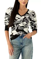 Women's Long Puff Sleeve Printed V-Neck Sweater