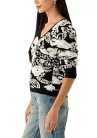 Women's Long Puff Sleeve Printed V-Neck Sweater