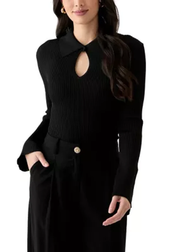 Women's Long Sleeve Collared Keyhole Ribbed Top