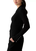 Women's Long Sleeve Collared Keyhole Ribbed Top