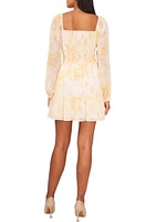 Women's Blouson Sleeve Square Neck Floral Smocked Dress