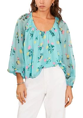 Women's Blouson Sleeve Round Neck Floral Blouse