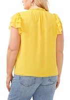 Plus Short Sleeve V-Neck Tie Woven Top