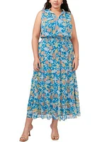 Plus Sleeveless Printed Tie Neck Maxi Dress