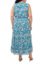 Plus Sleeveless Printed Tie Neck Maxi Dress