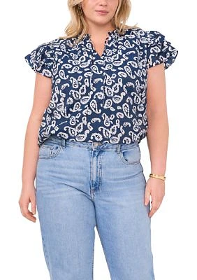 Plus Printed Flutter Sleeve Tie Neck Top