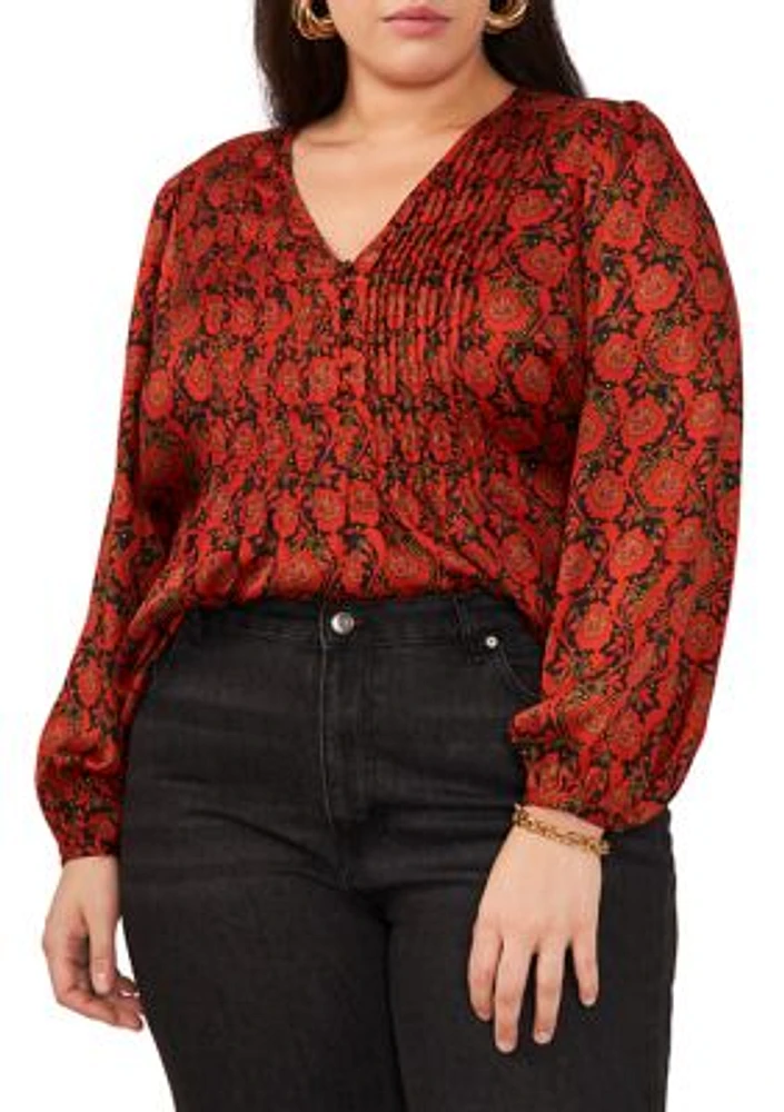 Plus Puff Sleeve Batik Print Top