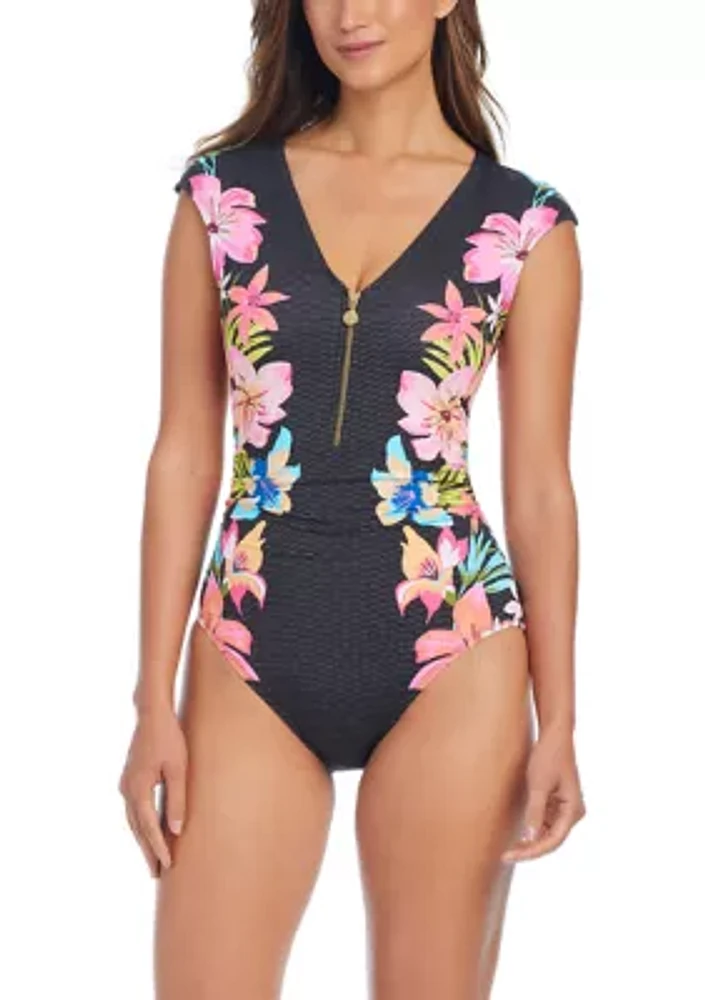 Sweet Escape Cap Sleeve Zip Up One Piece Swimsuit