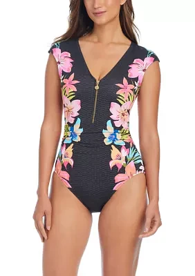 Sweet Escape Cap Sleeve Zip Up One Piece Swimsuit