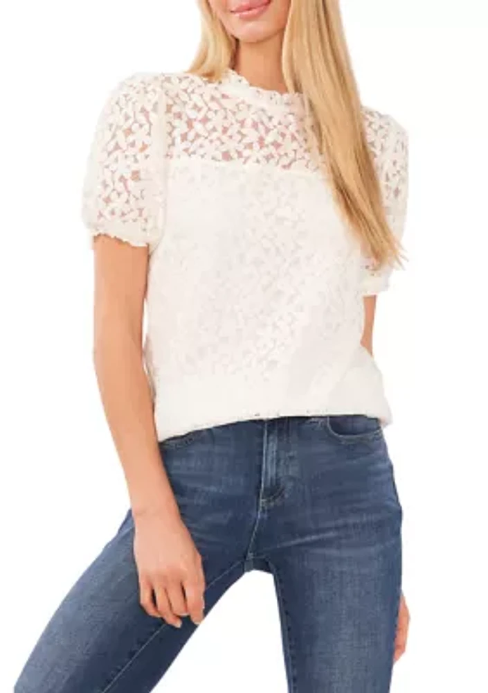 Women's Ruffle Neck Short Puff Sleeve Blouse