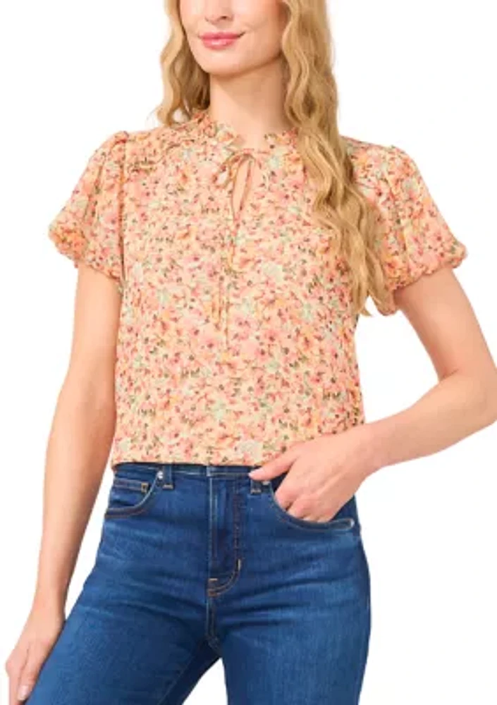 Women's Puff Sleeve Floral Ruffle Tie Neck Blouse
