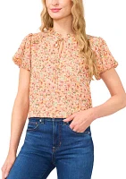 Women's Puff Sleeve Floral Ruffle Tie Neck Blouse