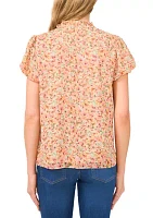 Women's Puff Sleeve Floral Ruffle Tie Neck Blouse
