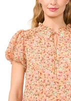 Women's Puff Sleeve Floral Ruffle Tie Neck Blouse