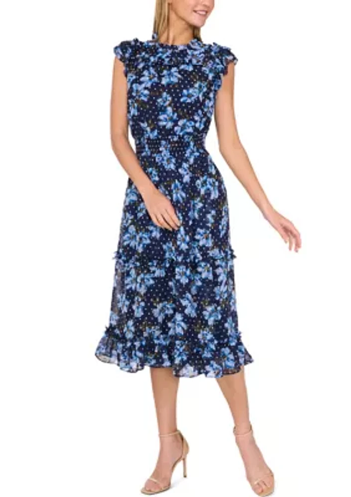 Women's Cap Sleeve Floral Smock Waist Midi Dress