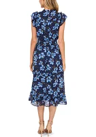 Women's Cap Sleeve Floral Smock Waist Midi Dress