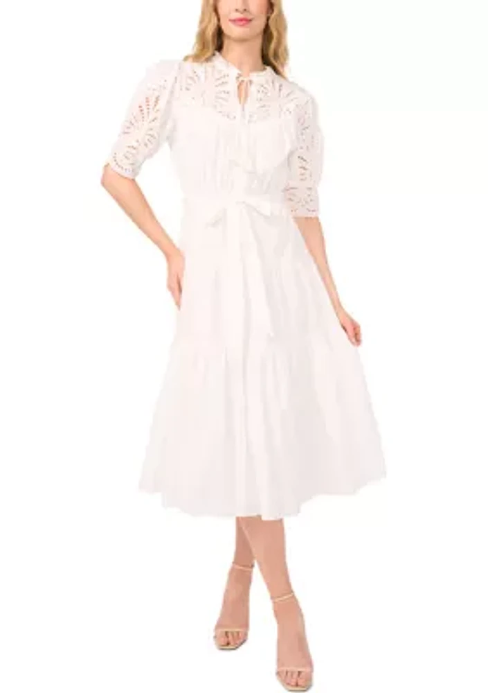 Elbow Sleeve Tie Waist Eyelet Dress