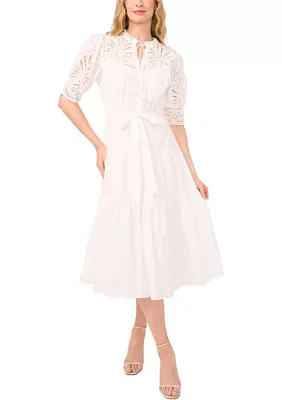 Elbow Sleeve Tie Waist Eyelet Dress