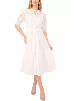 Elbow Sleeve Tie Waist Eyelet Dress
