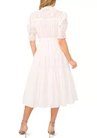Elbow Sleeve Tie Waist Eyelet Dress