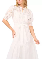 Elbow Sleeve Tie Waist Eyelet Dress