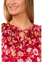 Women's Flutter Sleeve Floral Tie Neck Blouse