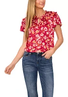 Women's Flutter Sleeve Floral Tie Neck Blouse