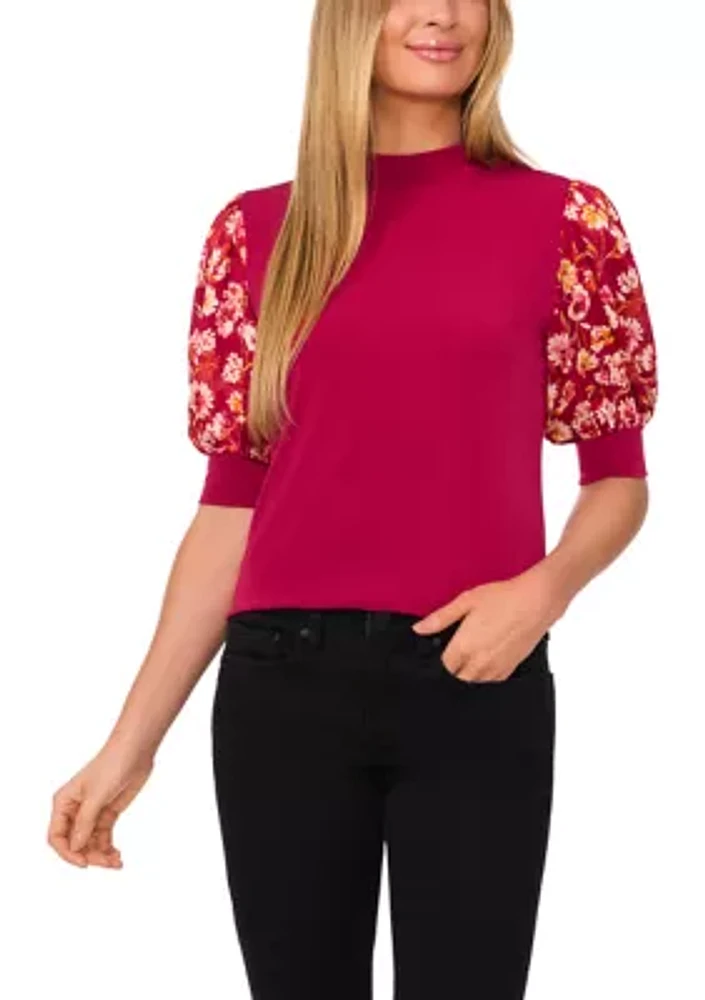 Women's Floral Mixed Media Short Sleeve Knit Top