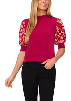 Women's Floral Mixed Media Short Sleeve Knit Top