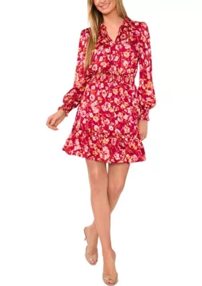 Women's Long Sleeve Split Neck Floral Babydoll Dress