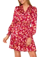 Women's Long Sleeve Split Neck Floral Babydoll Dress