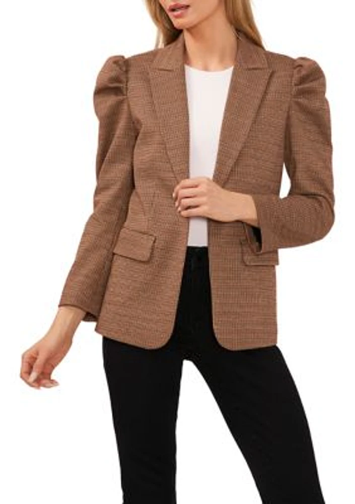 Women's Plaid Puff Sleeve Open Blazer