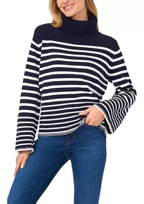 Women's Bell Sleeve Stripe Turtleneck Sweater