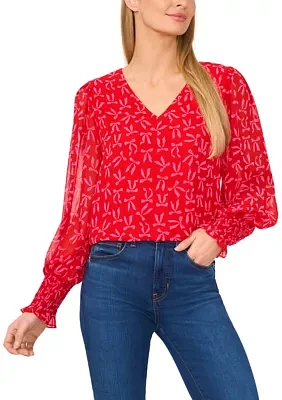 Women's Smocked Sleeve V-Neck Bow Blouse