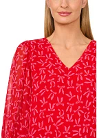 Women's Smocked Sleeve V-Neck Bow Blouse