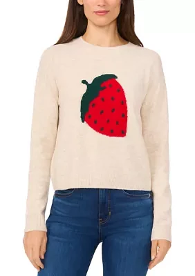 Women's Long Sleeve Placed Strawberry Sweater