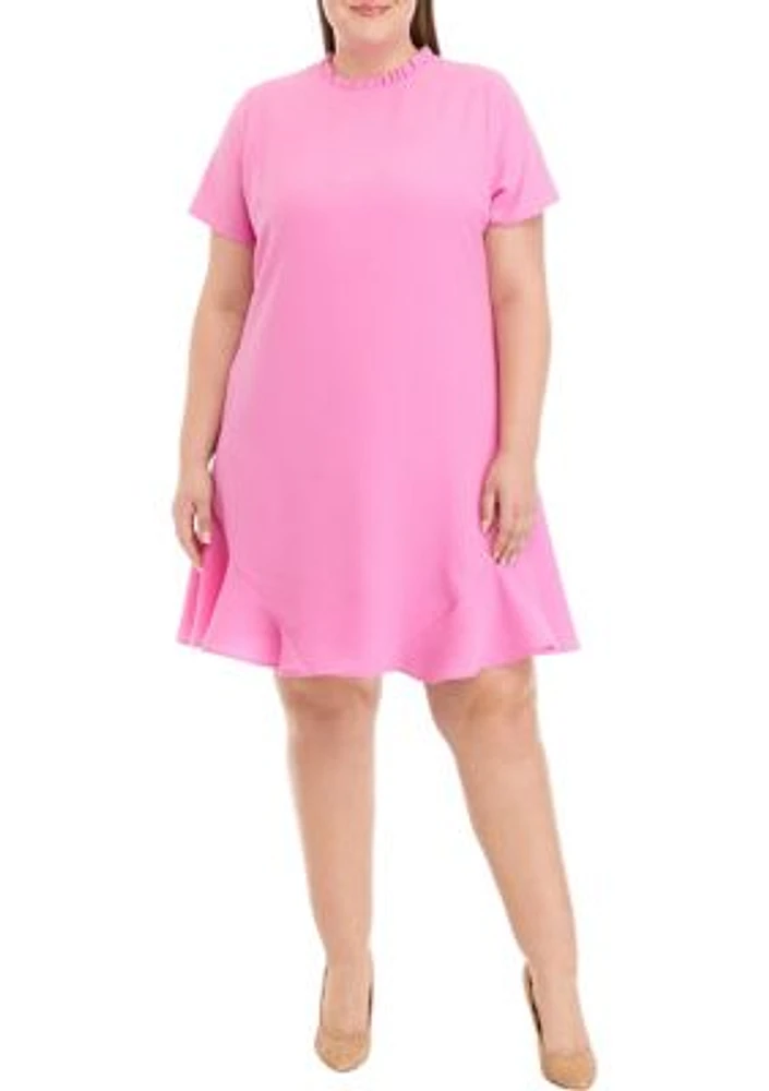 Plus Short Sleeve Ruffle Neck Dress