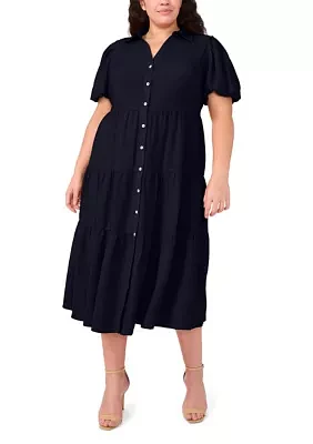 Plus Short Sleeve Tiered Maxi Shirtdress