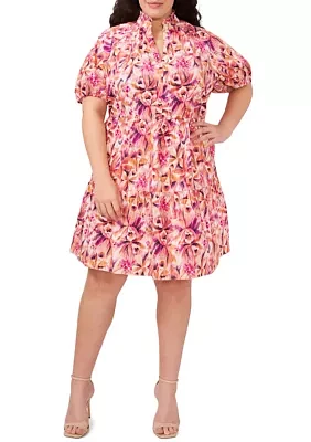 Plus Puff Sleeve Printed V-Neck Dress