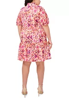 Plus Puff Sleeve Printed V-Neck Dress