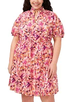 Plus Puff Sleeve Printed V-Neck Dress