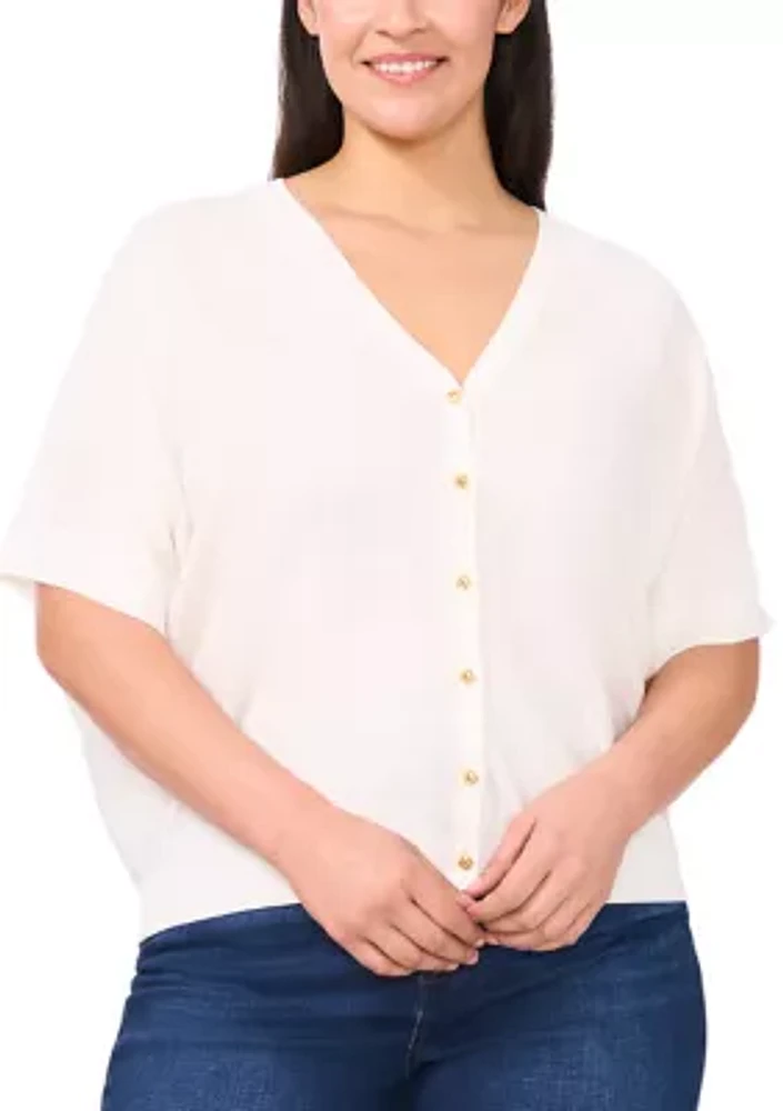 Plus Short Sleeve Button Front Sweater