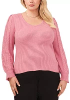 Plus V-Neck Sweater with Cable Sleeves