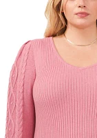 Plus V-Neck Sweater with Cable Sleeves