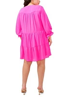 Plus V-Neck Long Sleeve Tiered Smocked Cuff Dress