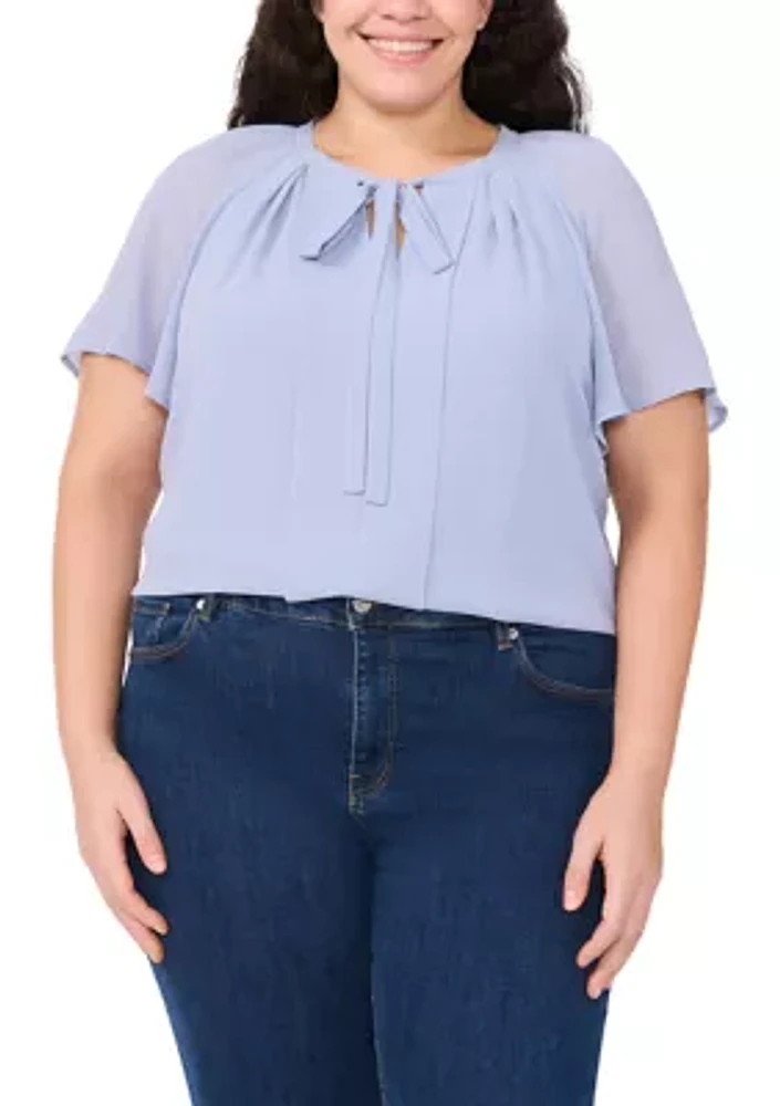 Plus Solid Woven Peasant Top