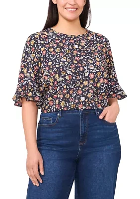 Plus Short Sleeve Ruffle Cuff Woven Print Top