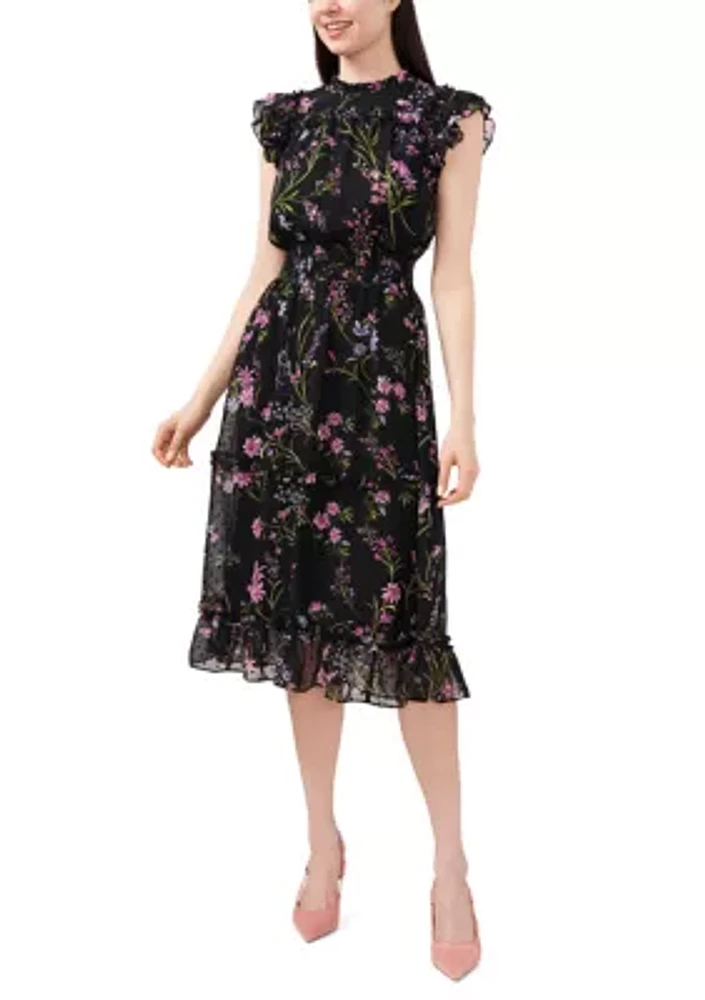 Petite Flutter Sleeve Floral Ruffle Neck Dress