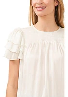 Petite Smocked Yoke Blouse with Triple Flutter Sleeves